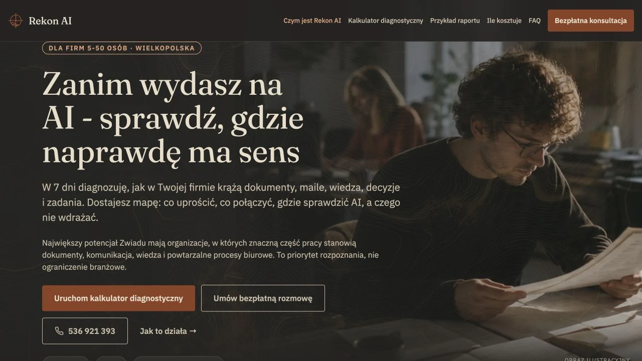 Rzeczywisty podgląd strony Rekon AI na komputerze